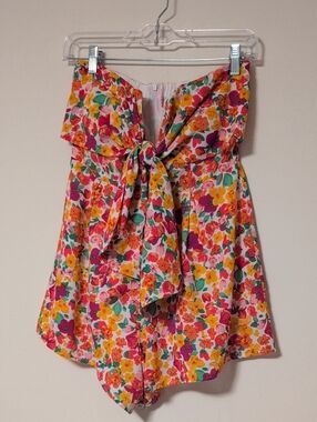 Pink Lily Strapless Tie-Front Floral Romper in Pink, Yellow & Green